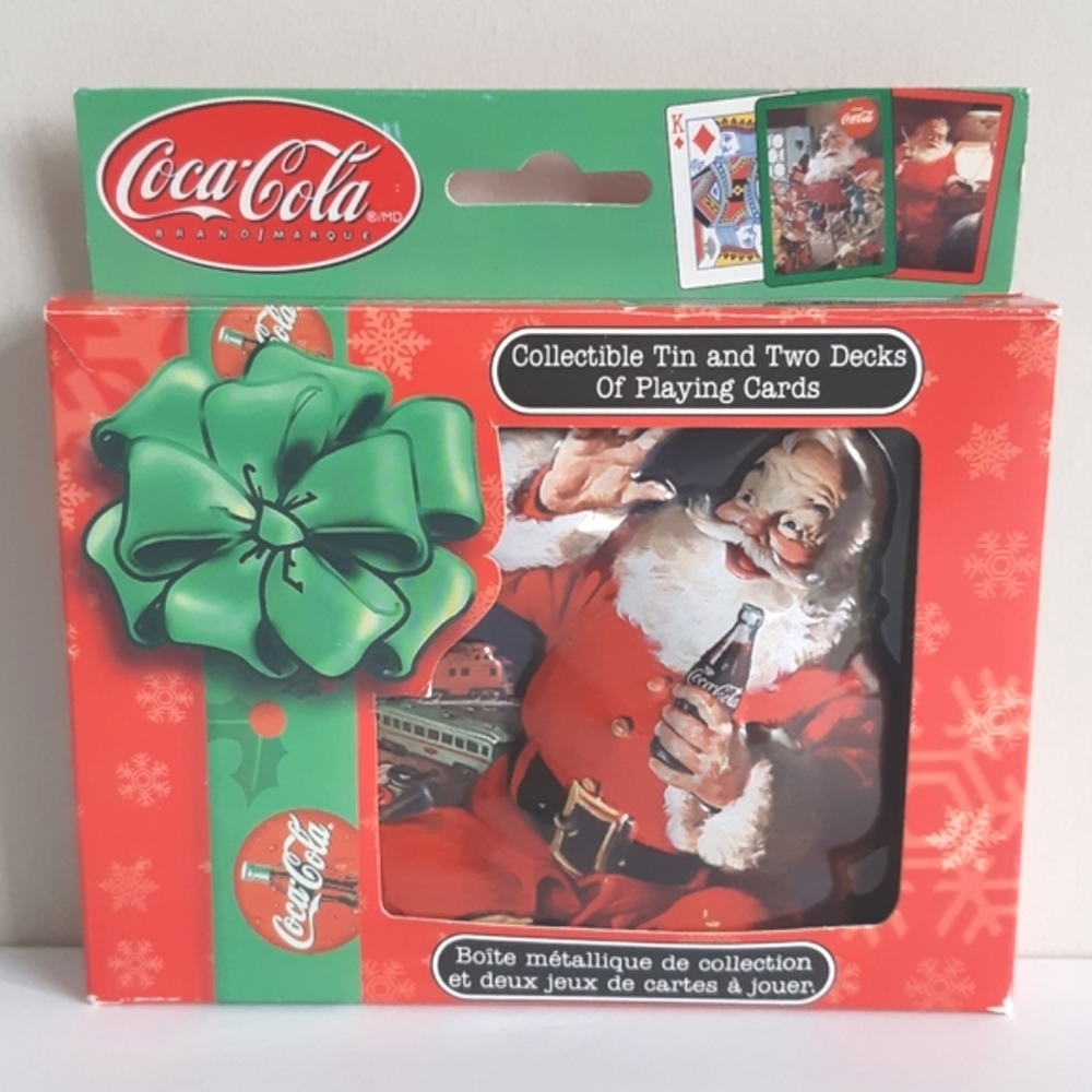 Sealed Coca-Cola playing cards in tin - Santa with train set